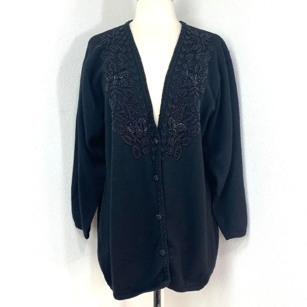 Vintage Karen Kane Black Merino Wool Beaded Cardigan Sweater Med Button Front